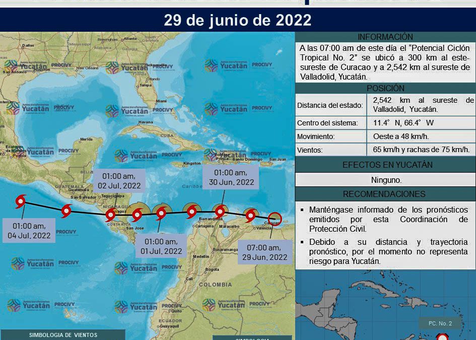 Trayectoria estimada del potencial ciclón tropical número dos, el cual no es una amenaza directa para la península de Yucatán.